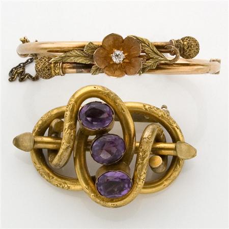 Appraisal: Antique Gold and Diamond Bangle and Gold-Filled and Amethyst Brooch