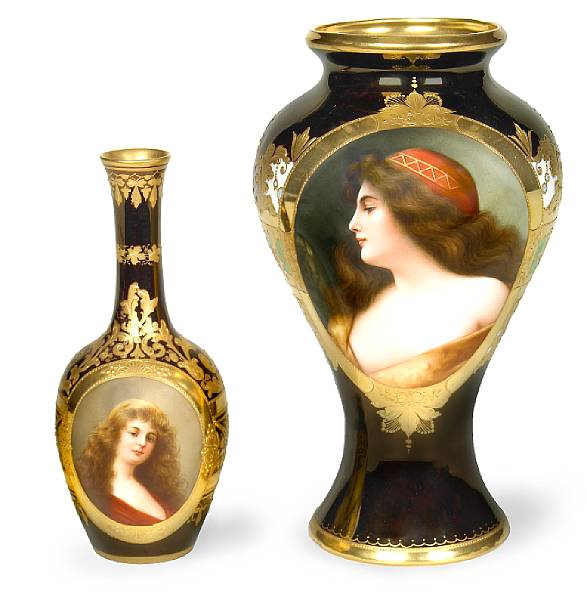 Appraisal: Two Vienna style portrait vases on chocolate luster ground late