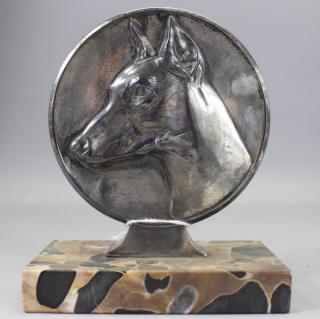 Appraisal: Doberman Medallion on Marble Base Doberman Medallion on Marble Base