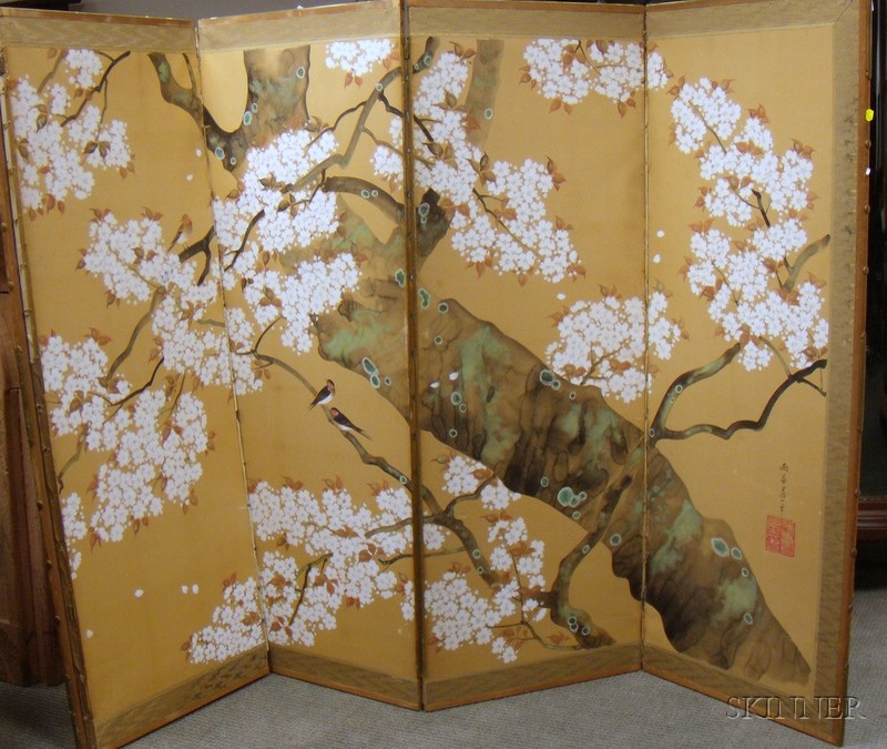 Appraisal: Japanese Watercolor and Gouache on Paper Flowering Tree Branch Six-Panel