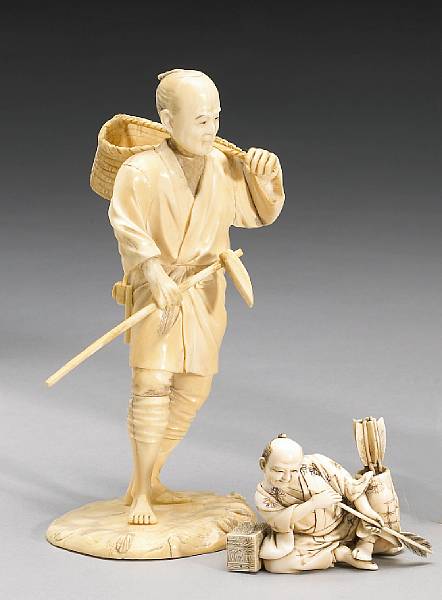 Appraisal: Two ivory figural okimono Meiji Period The first of an