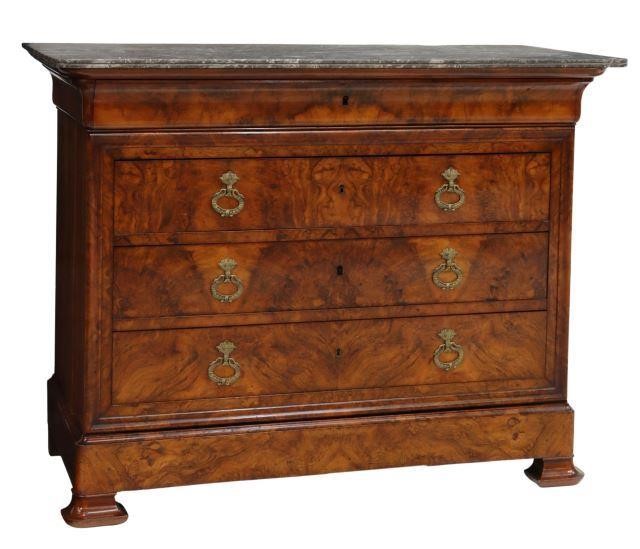 Appraisal: French Charles X period marble-top burlwood commode first half th