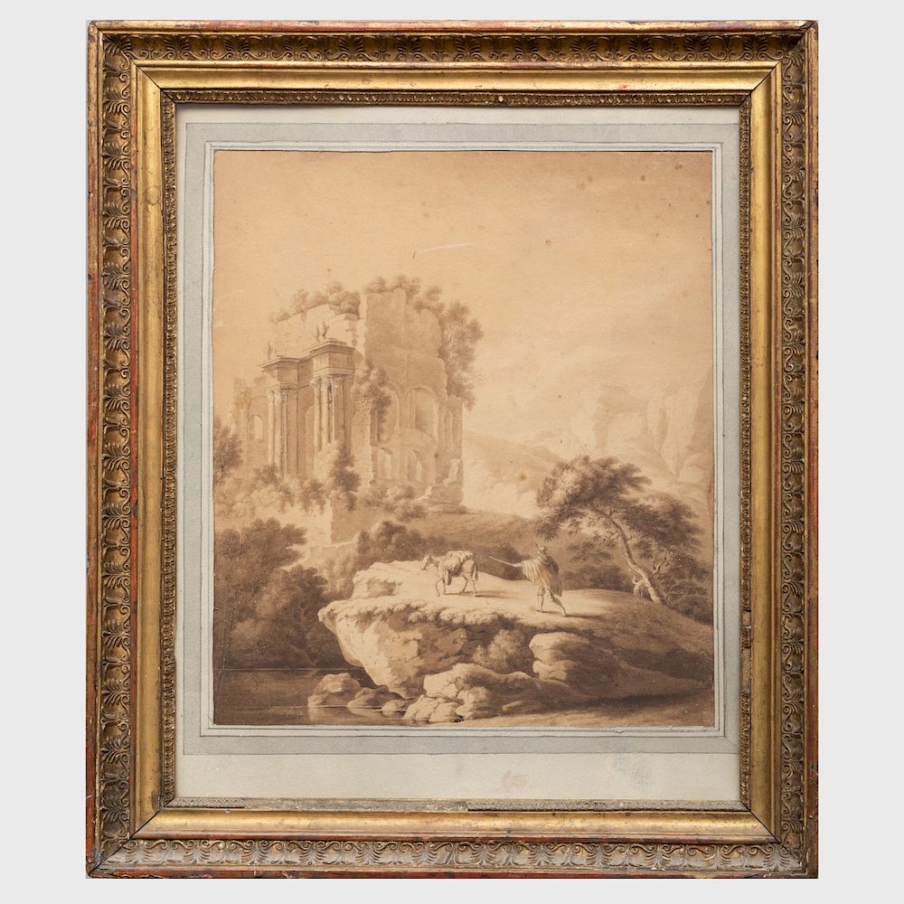 Appraisal: Italian School Arcadian Landscape with a Ruin and Traveler Ink