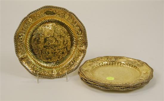 Appraisal: FIVE ENGLISH SILVER GILT SERVING PLATES plates bearing hallmarks for