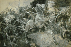 Appraisal: A Davies early th century- Medieval battle scene gouache en