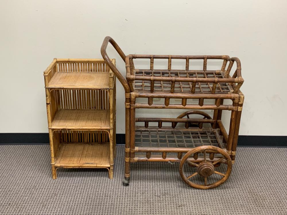 Appraisal: Rattan Beverage Cart and a Bamboo Open Low Shelf