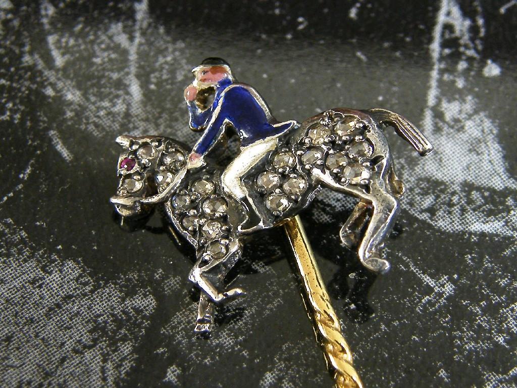 Appraisal: Novelty diamond and enamel yellow gold horse pin