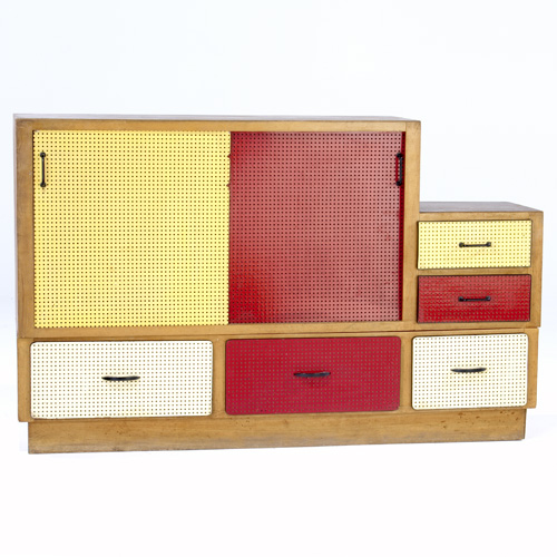 Appraisal: FRENCH Five-drawer shelving unit with painted and perforated sliding doors