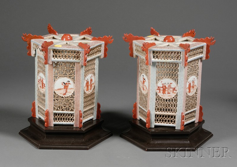 Appraisal: Pair of Porcelain Lanterns China th century hexagonal shape reticulated