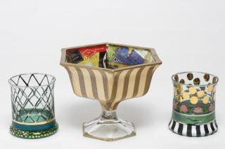 Appraisal: Victoria Richard Mackenzie-Childs two hand-painted tumbler glasses and a hand-painted