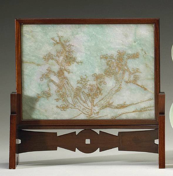 Appraisal: A mottled jadeite and wood rectangular table screen The thinly