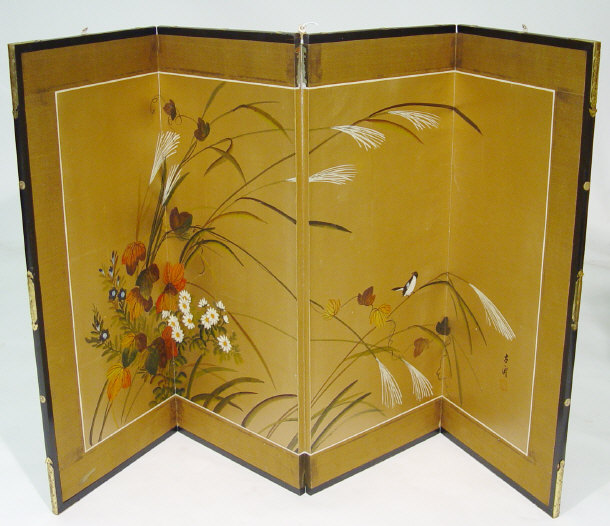 Appraisal: Japanned four panel screen painted with birds amongst flowers onto