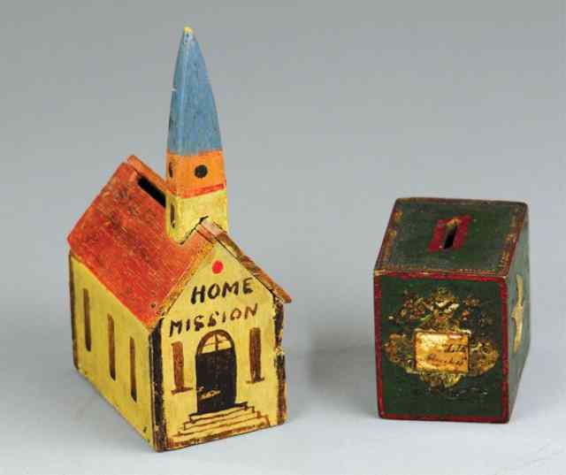 Appraisal: TWO FOLK ART WOOD STILL BANKS Includes a small ''Home