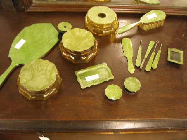 Appraisal: pc Deco Dresser Set celluloid includes handmirror powder jars hair