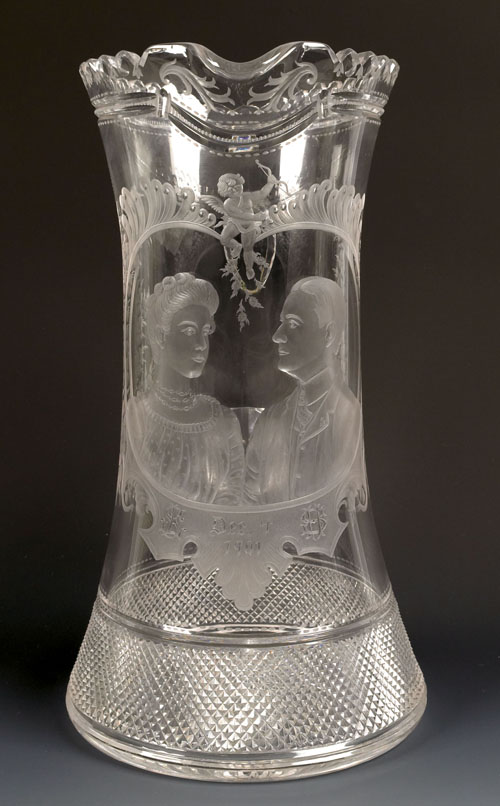 Appraisal: Hawkes colorless glass marriage pitcher dated Dec engraved with a