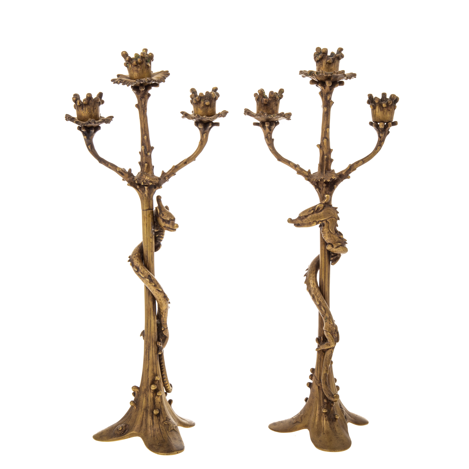 Appraisal: A PAIR OF CHINESE CAST BRONZE THREE LIGHT CANDELABRA Second