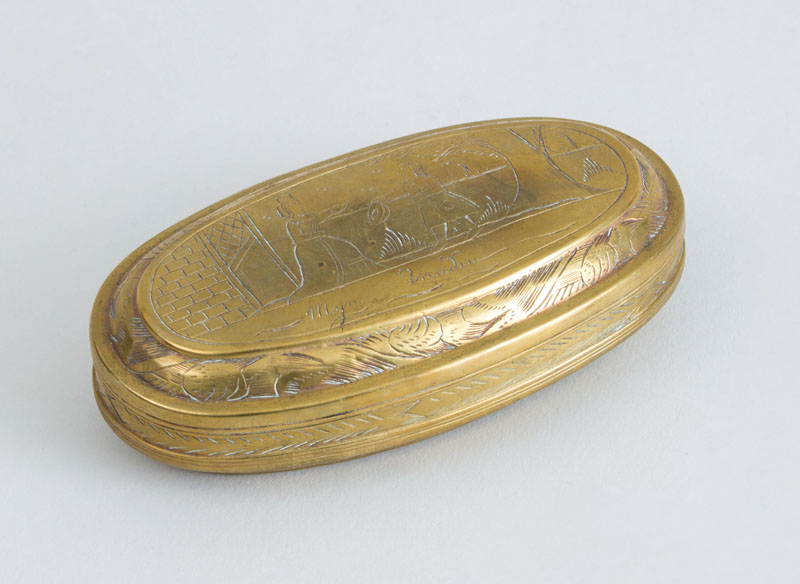 Appraisal: DUTCH ENGRAVED BRASS OVAL TOBACCO BOX With two figural scenes