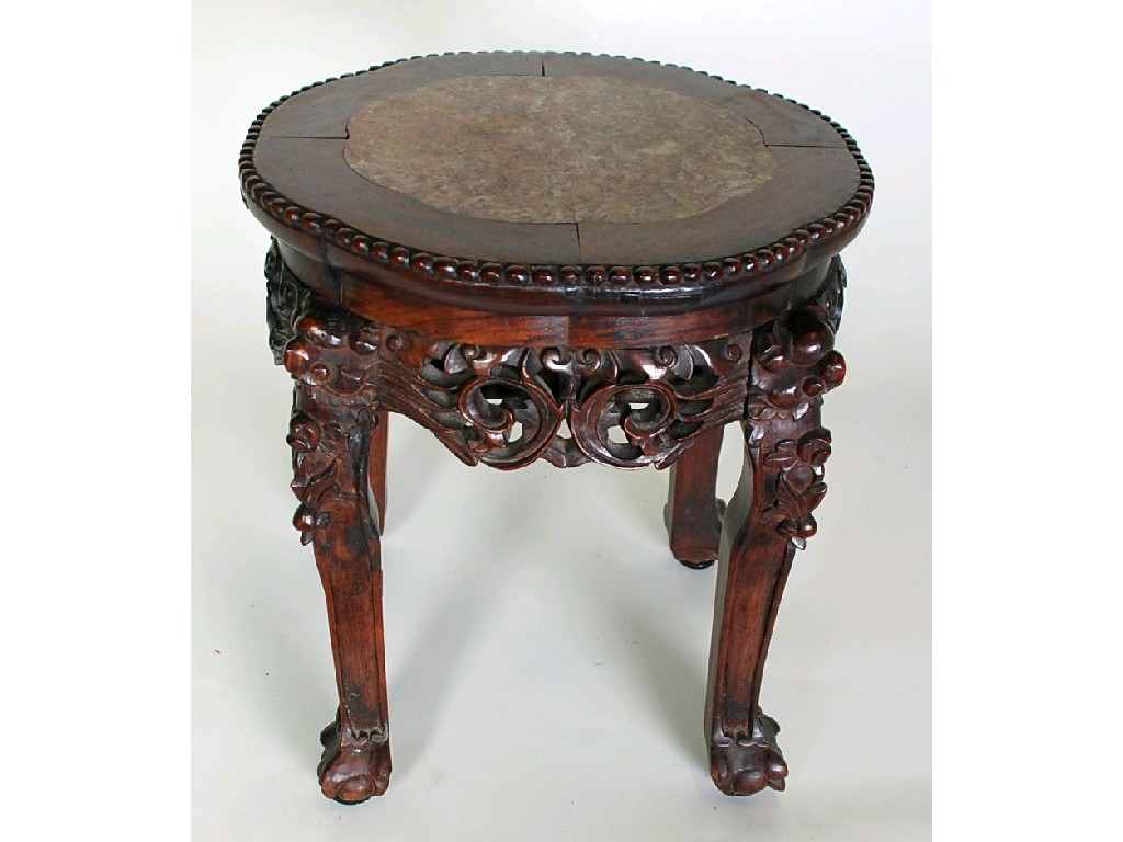 Appraisal: EARLY TWENTIETH CENTURY CHINESE CARVED HARDWOOD AND MARBLE JARDINIERE URN