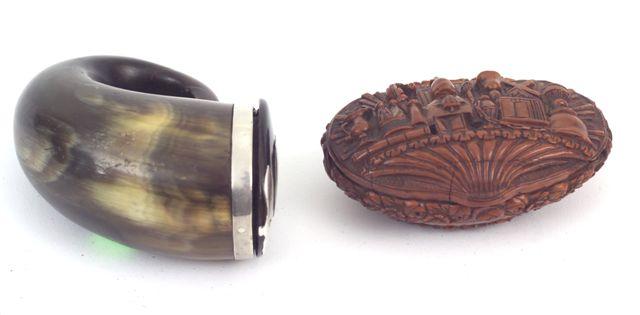 Appraisal: FRENCH COQUILLA NUT SNUFF BOX th CENTURY the cover carved