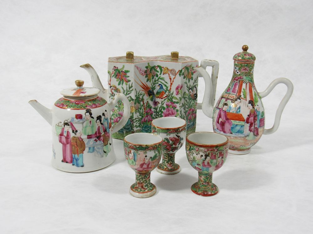 Appraisal: A Rose Medallion Double Lozenge-Form Teapot and Two Wine Pots