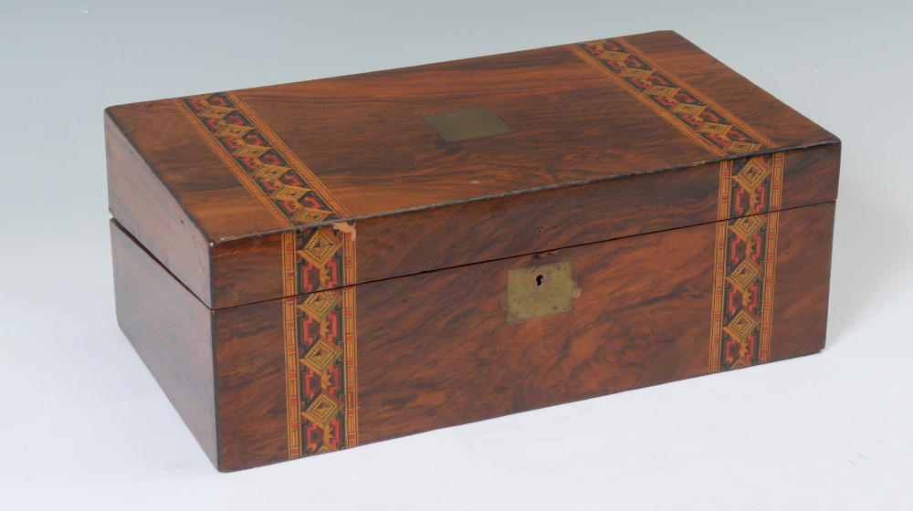 Appraisal: VICTORIAN PARQUETRY INLAID LAP DESK Rosewood box with geometric bands