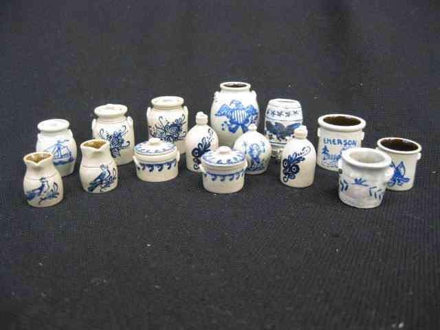 Appraisal: pcs Miniature Stoneware crocks jugs blue decorated mostly '' tall