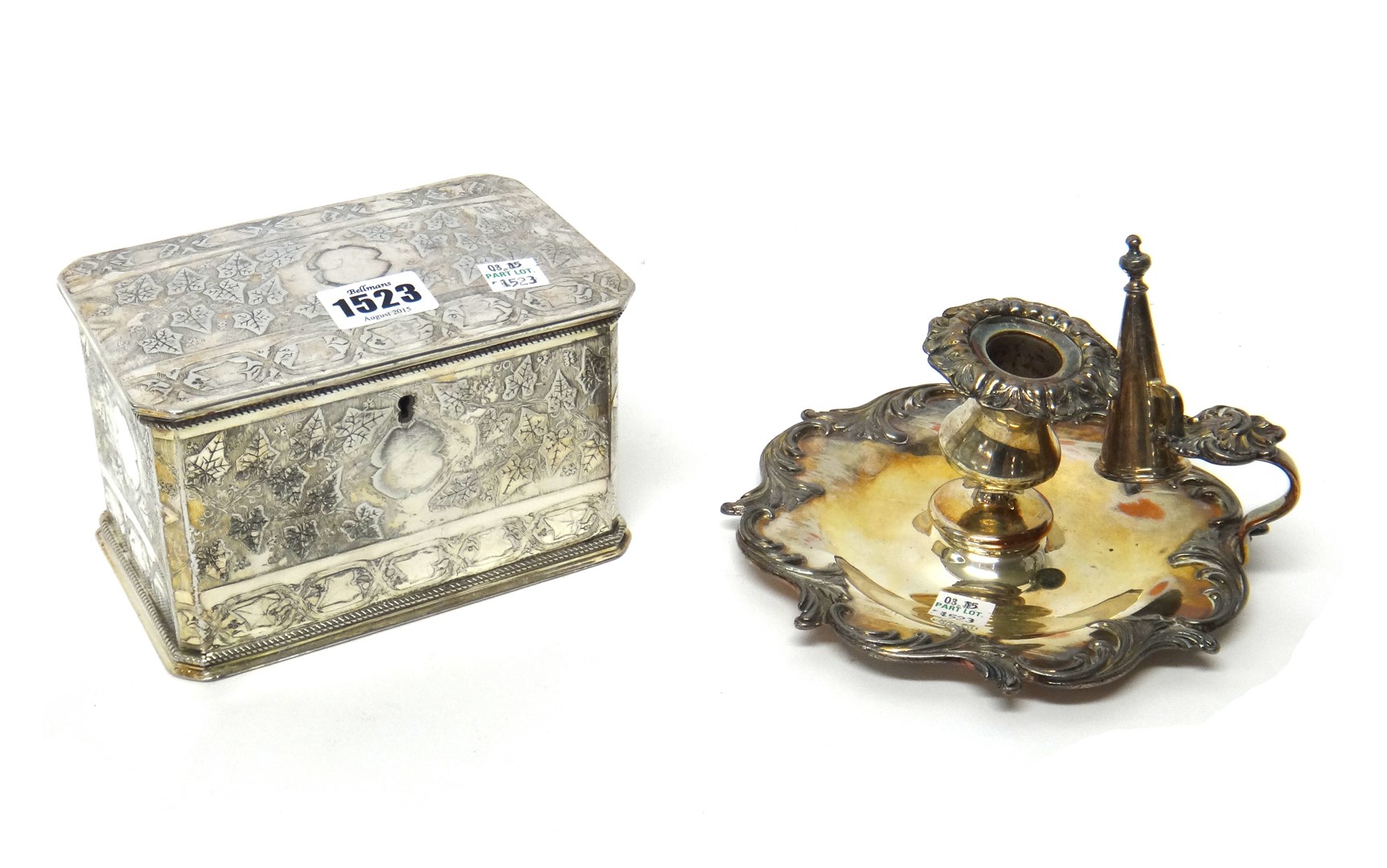 Appraisal: A plated rectangular hinge lidded twin compartment tea caddy with