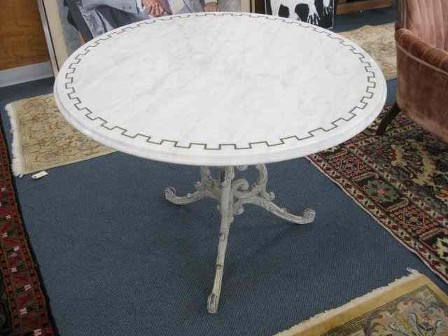 Appraisal: Marble Top Patio Table cast aluminium base ''Greek Key'' design