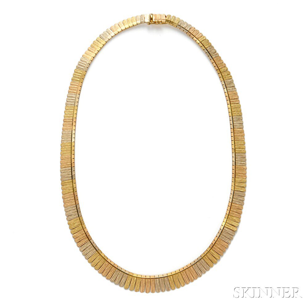 Appraisal: kt Tricolor Gold Necklace designed as a fringe of engraved