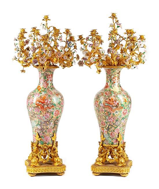 Appraisal: A Pair of Monumental French Gilt Bronze and Porcelain Mounted