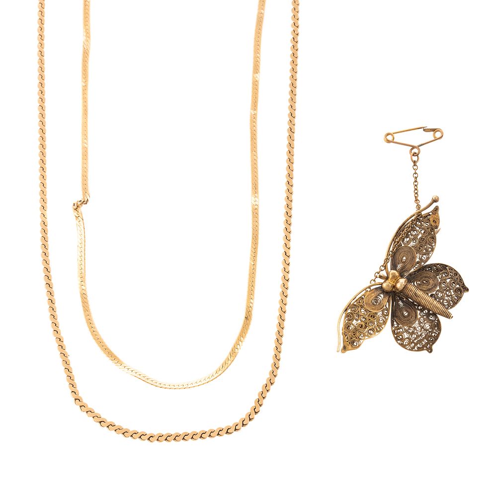 Appraisal: A Butterfly Brooch Two Gold Chains in K K yellow