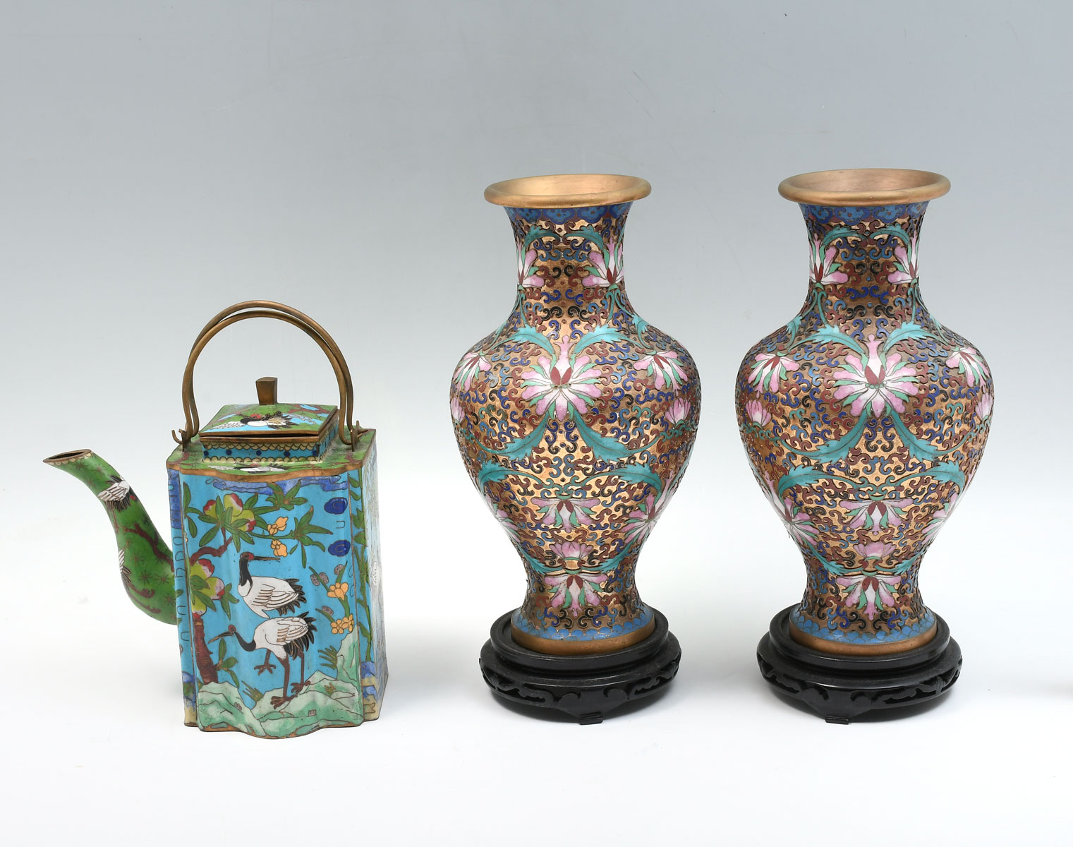 Appraisal: PC CHINESE CLOISONNE VASES TEA POT Comprising One pair of