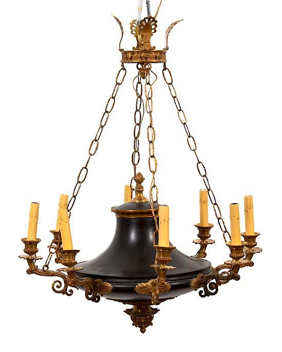 Appraisal: A Regency Gilt Bronze and Black Tole Eight Light Chandelier