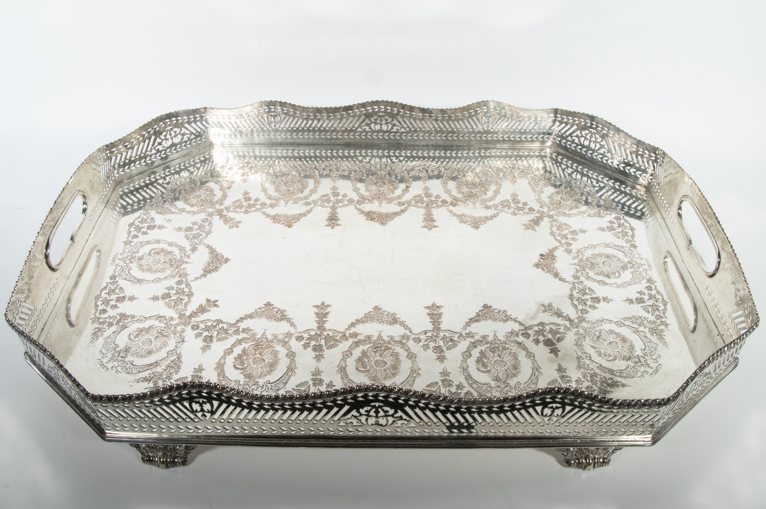 Appraisal: FINE ENGLISH SHEFFIELD SILVER ON COPPER FOOTED TRAY Late th