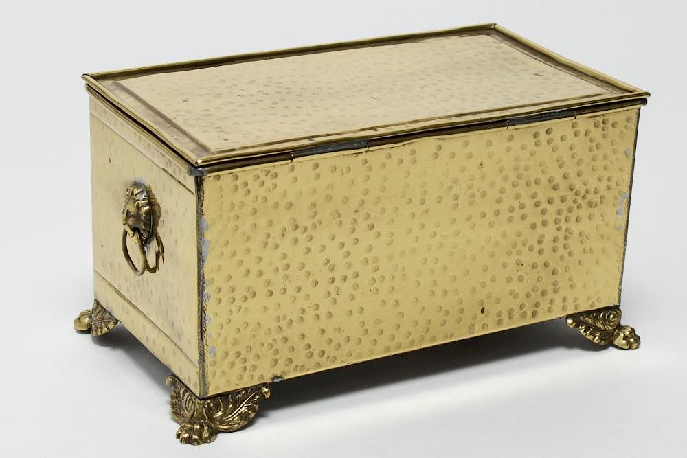 Appraisal: Continental Gilt Brass Martele Lion Head Chest Continental gilt hammered