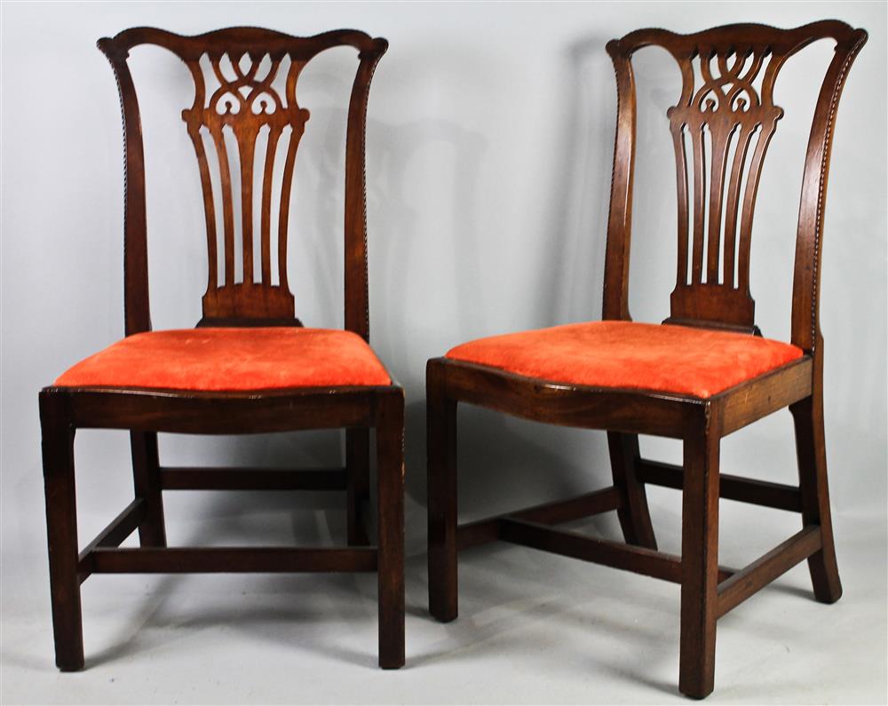 Appraisal: PAIR OF CHIPPENDALE WALNUT SIDE CHAIRS WITH CORAL UPHOLSTERED DROP