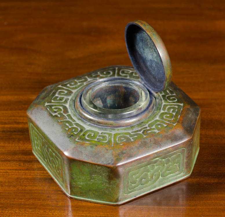 Appraisal: TIFFANY STUDIOS BRONZE INKWELL Zodiac pattern with hinged lid and