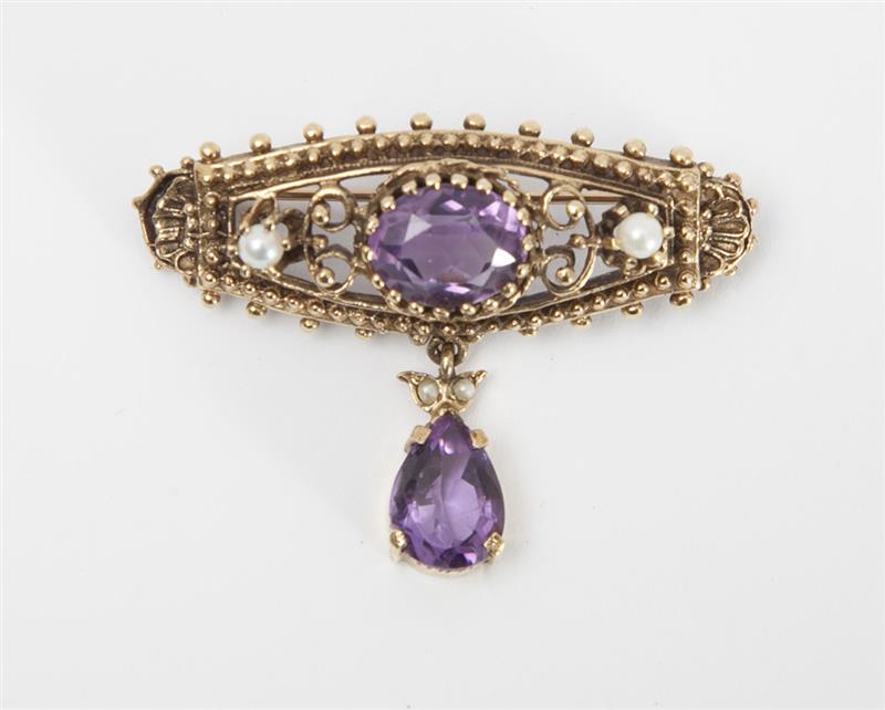 Appraisal: K GOLD AMETHYST AND SEED PEARL PIN x in grams