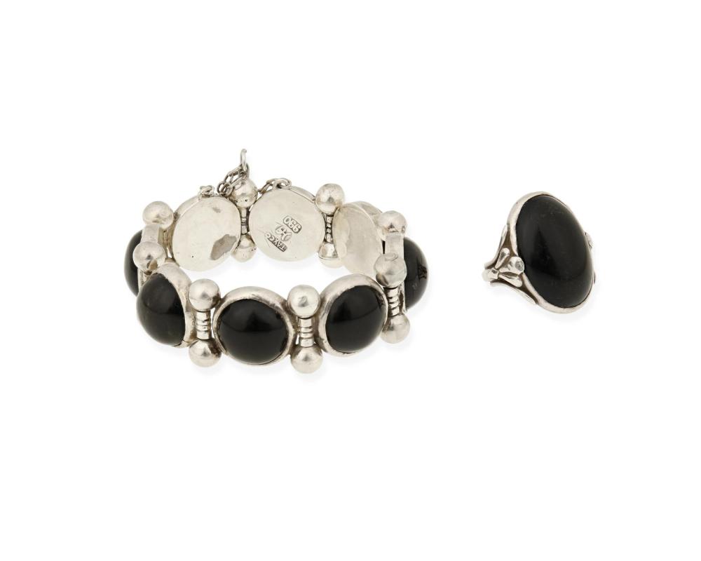 Appraisal: Two H ctor Aguilar silver and onyx jewelry items -