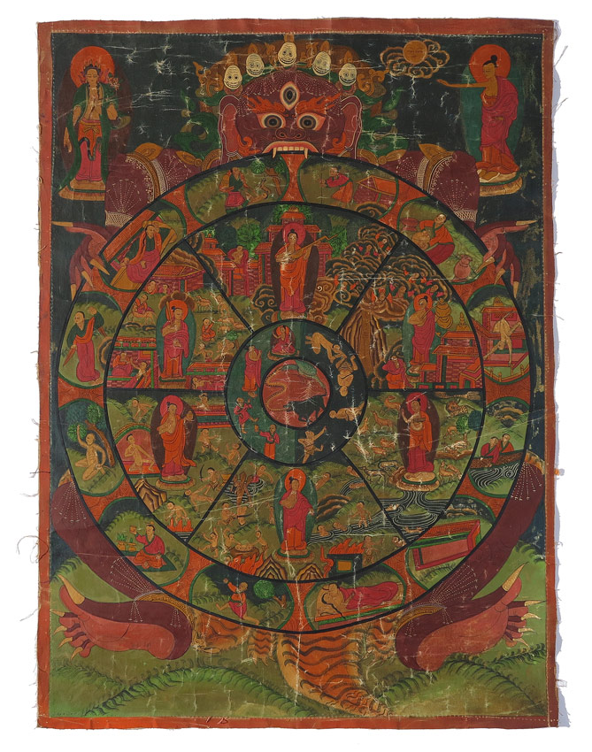 Appraisal: TIBETAN THANGKA Wheel of Life Central segmented medallion with figures