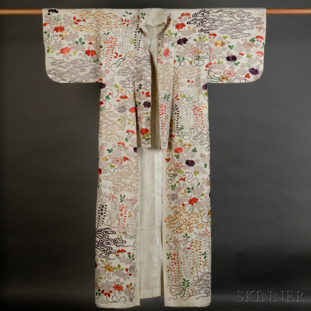 Appraisal: Silk Embroidered Kosode Japan late th century depicting on cream