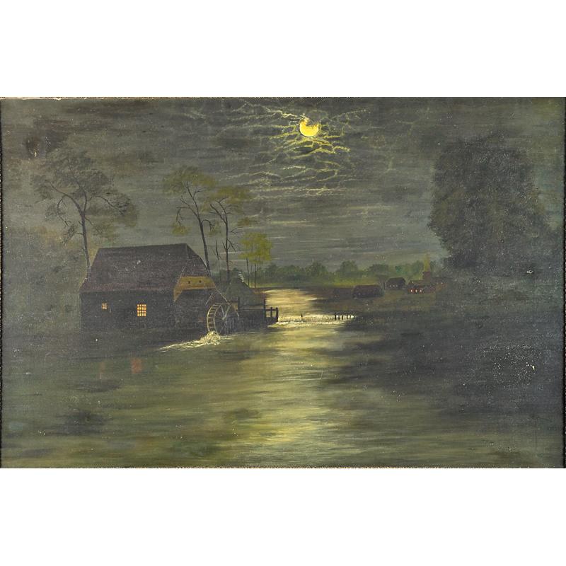 Appraisal: TH C AMERICAN LANDSCAPE Oil on canvas of moonlit water