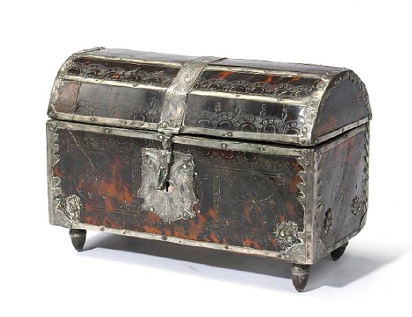 Appraisal: A Spanish Colonial silver mounted and etched tortoiseshell casketGuadalajara Mexico