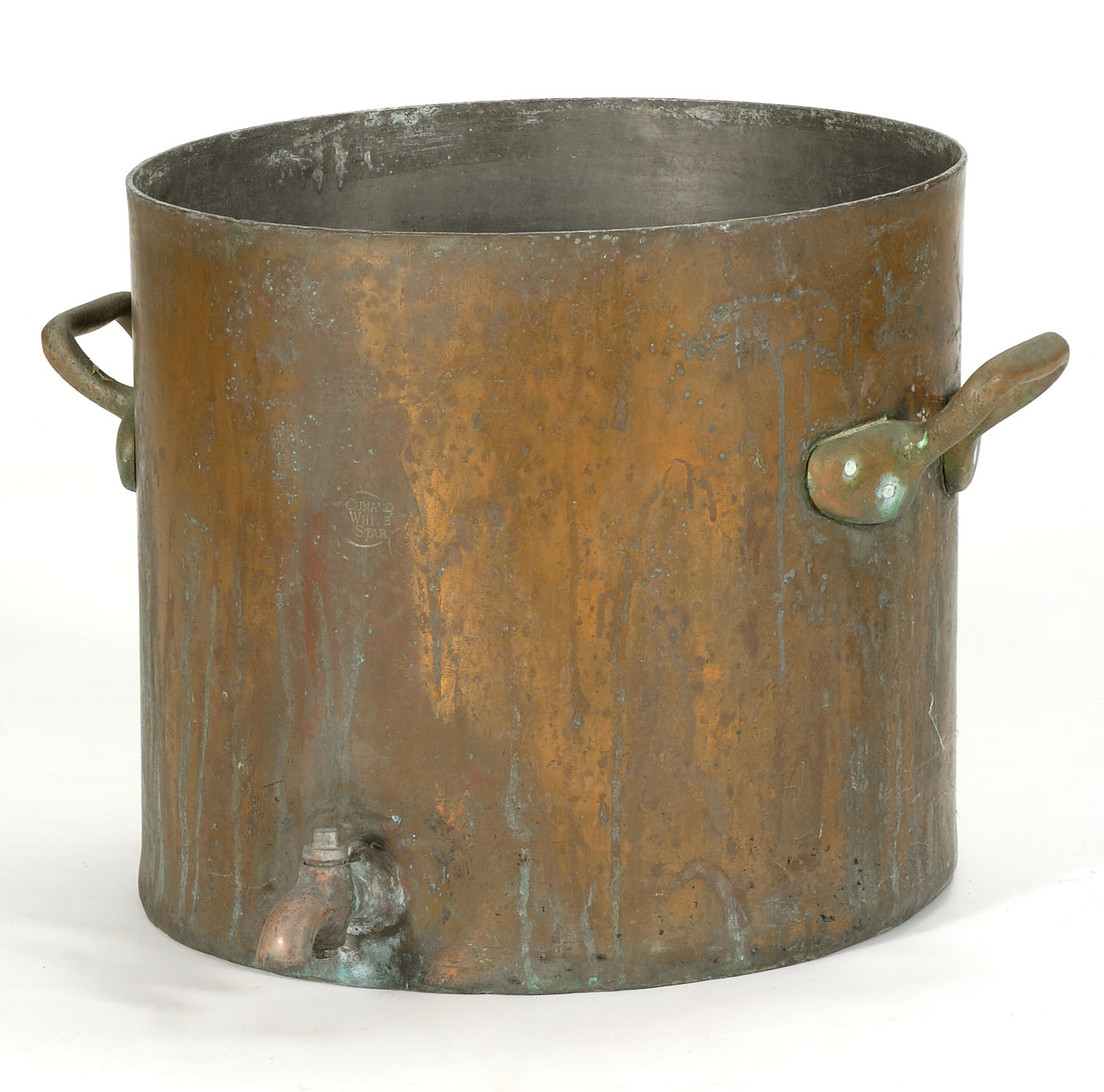 Appraisal: LARGE COPPER TWO-HANDLED POT WITH SPIGOT Stamped Cunard White Star