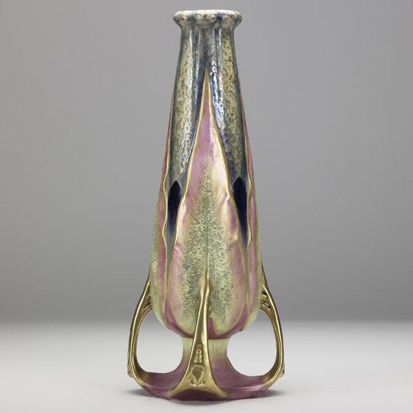 Appraisal: RIESSNER STELLMACHER KESSELTall Amphora ceramic four-handled vase with leavesStamped AMPHORA