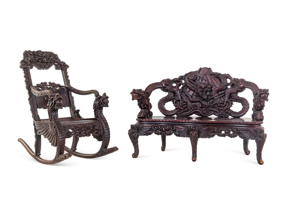 Appraisal: Two Chinese and Japanese Export Carved Hardwood Armchairs Two Chinese