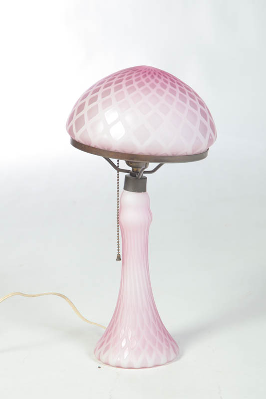 Appraisal: SATIN GLASS TABLE LAMP American late th century Cased pink