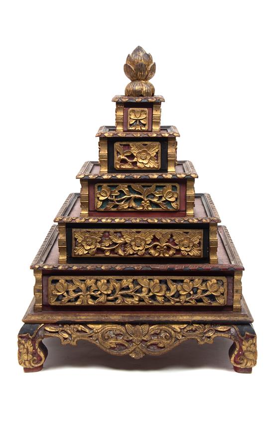 Appraisal: Sale Lot An Indonesian Parcel Gilt Red Lacquer Five-Tiered Bride's