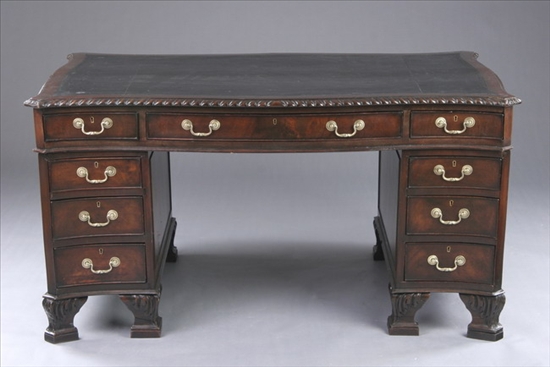 Appraisal: GEORGE III STYLE CARVED MAHOGANY LEATHER-TOP DOUBLE-PEDESTAL DESK Early th