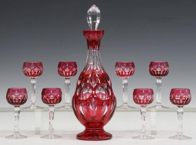 Appraisal: lot of Cranberry cut-to-clear glass liquor set th c including